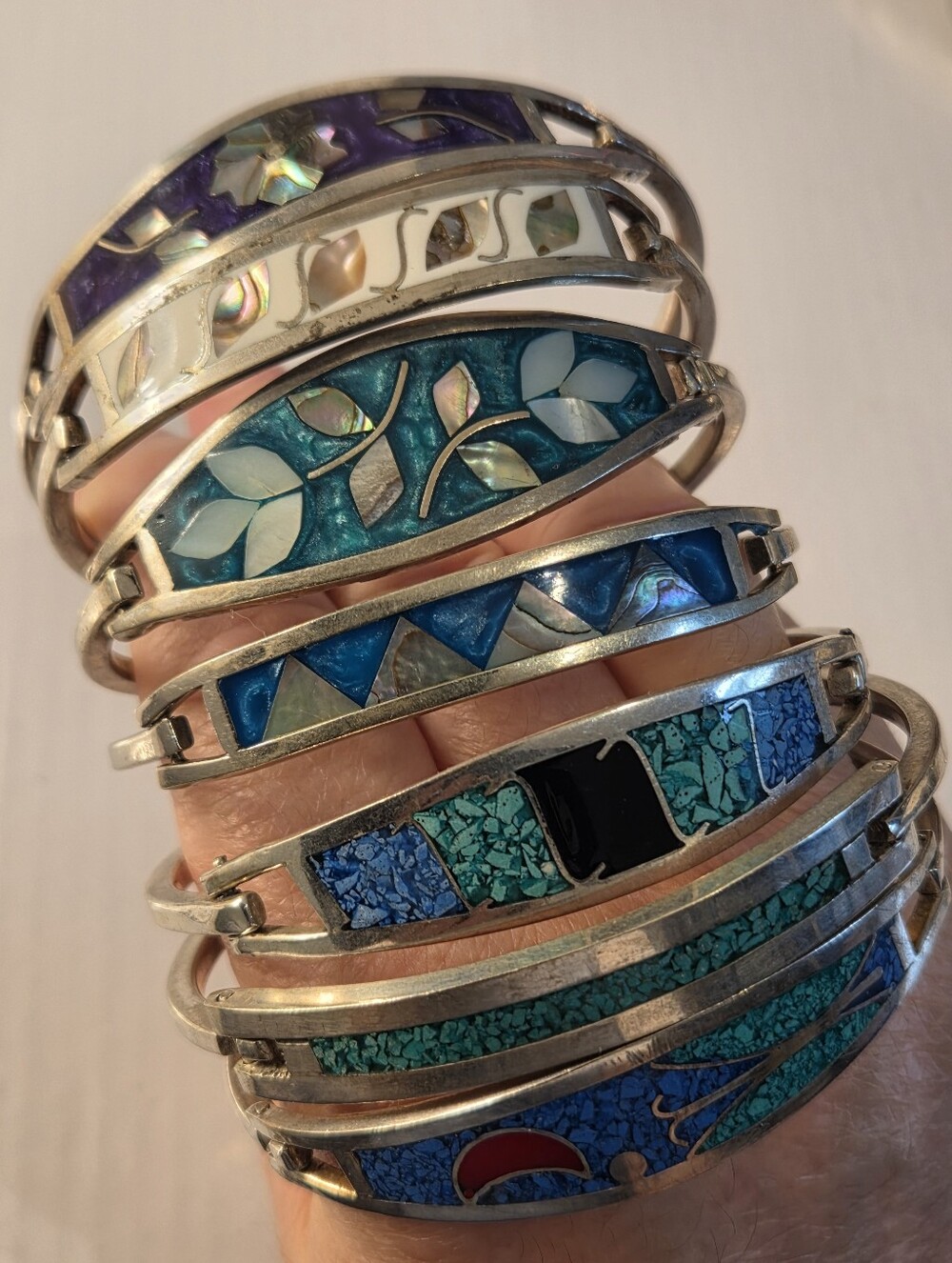 Sterling Silver Filled Blue and Teal Inlay Bangle Bracelet